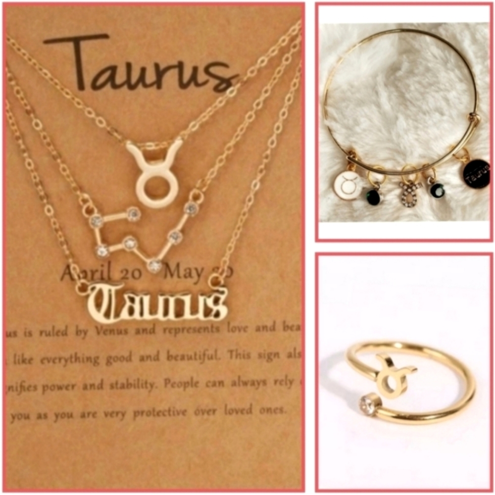 Taurus Zodiac 3 Necklace Set, Bracelet & Ring